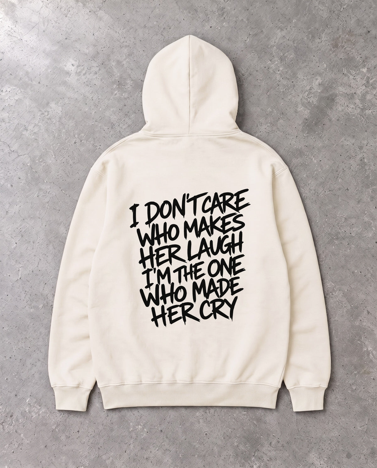 I DON'T CARE — Oversized Hoodie in Natural Raw, Rückenprint, Flat-Lay