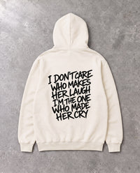 I DON'T CARE — Oversized Hoodie in Natural Raw, Rückenprint, Flat-Lay