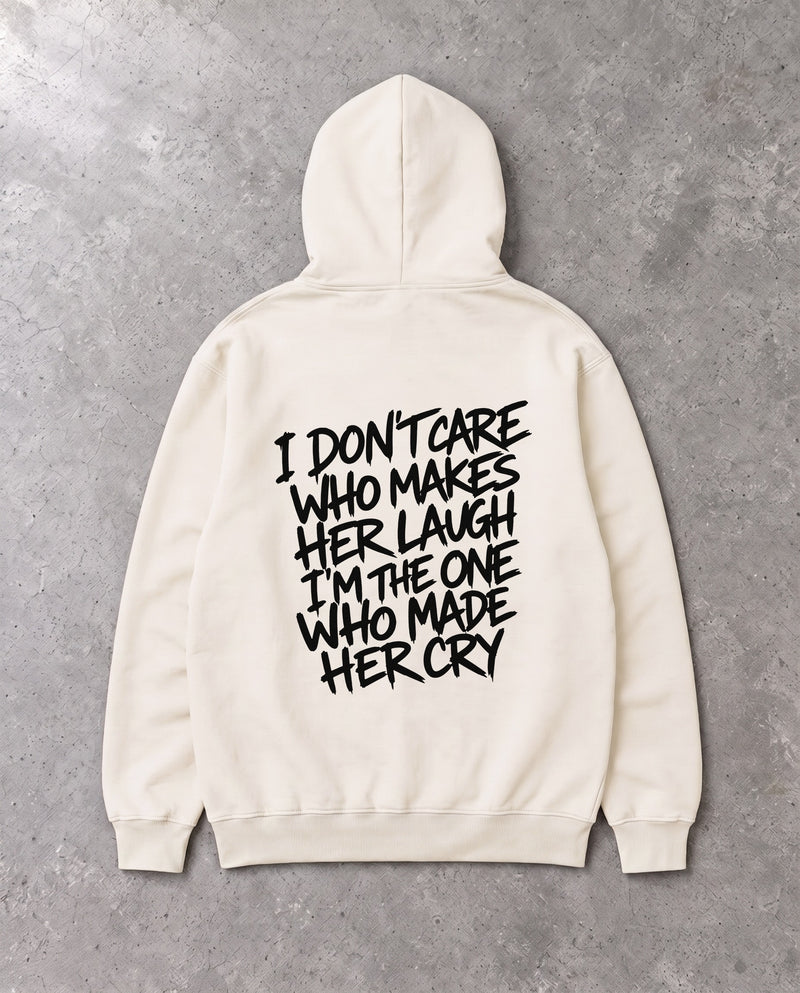 I DON'T CARE — Oversized Hoodie in Natural Raw, Rückenprint, Flat-Lay