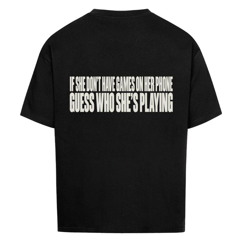 GAMES ON HER PHONE — Oversized Tee in Black, Rückenprint