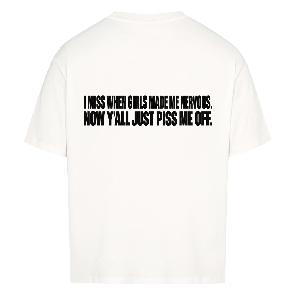 MADE ME NERVOUS — Oversized Tee in White, Rückenprint