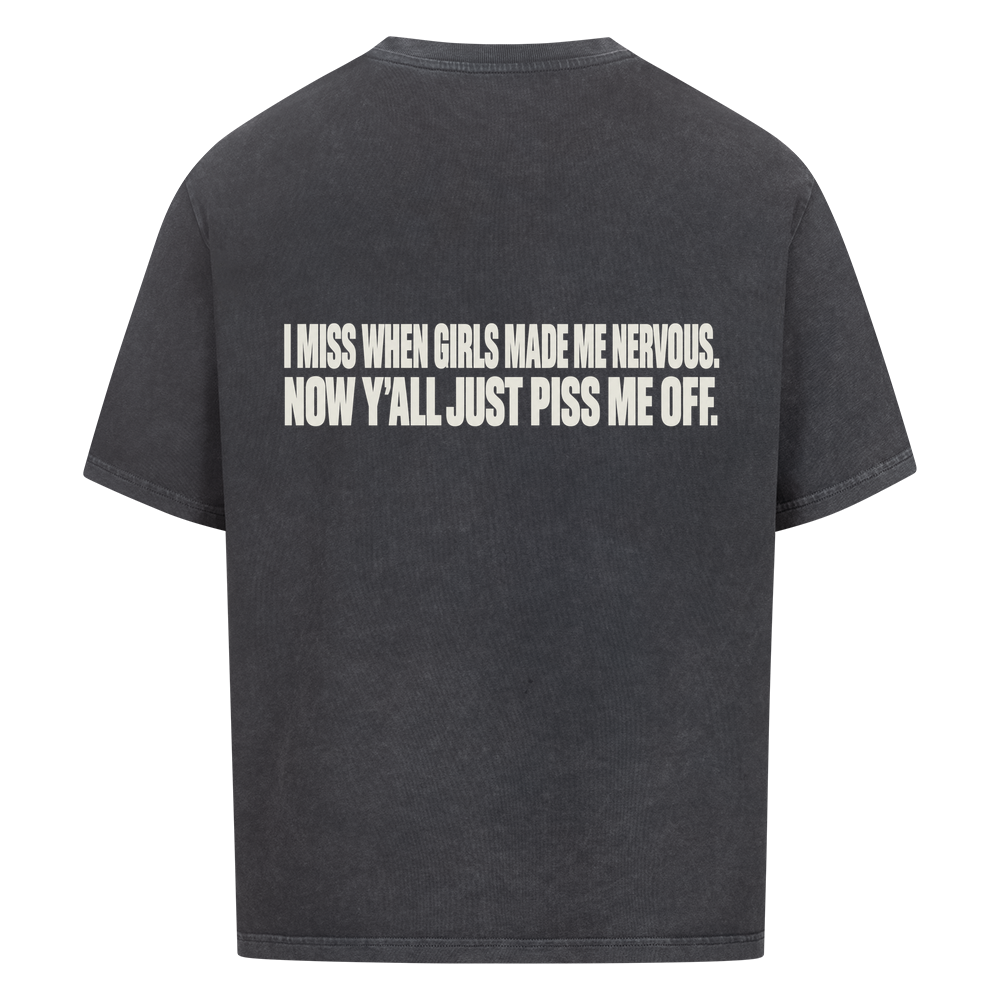 MADE ME NERVOUS — Oversized Tee in Washed Black, Rückenprint