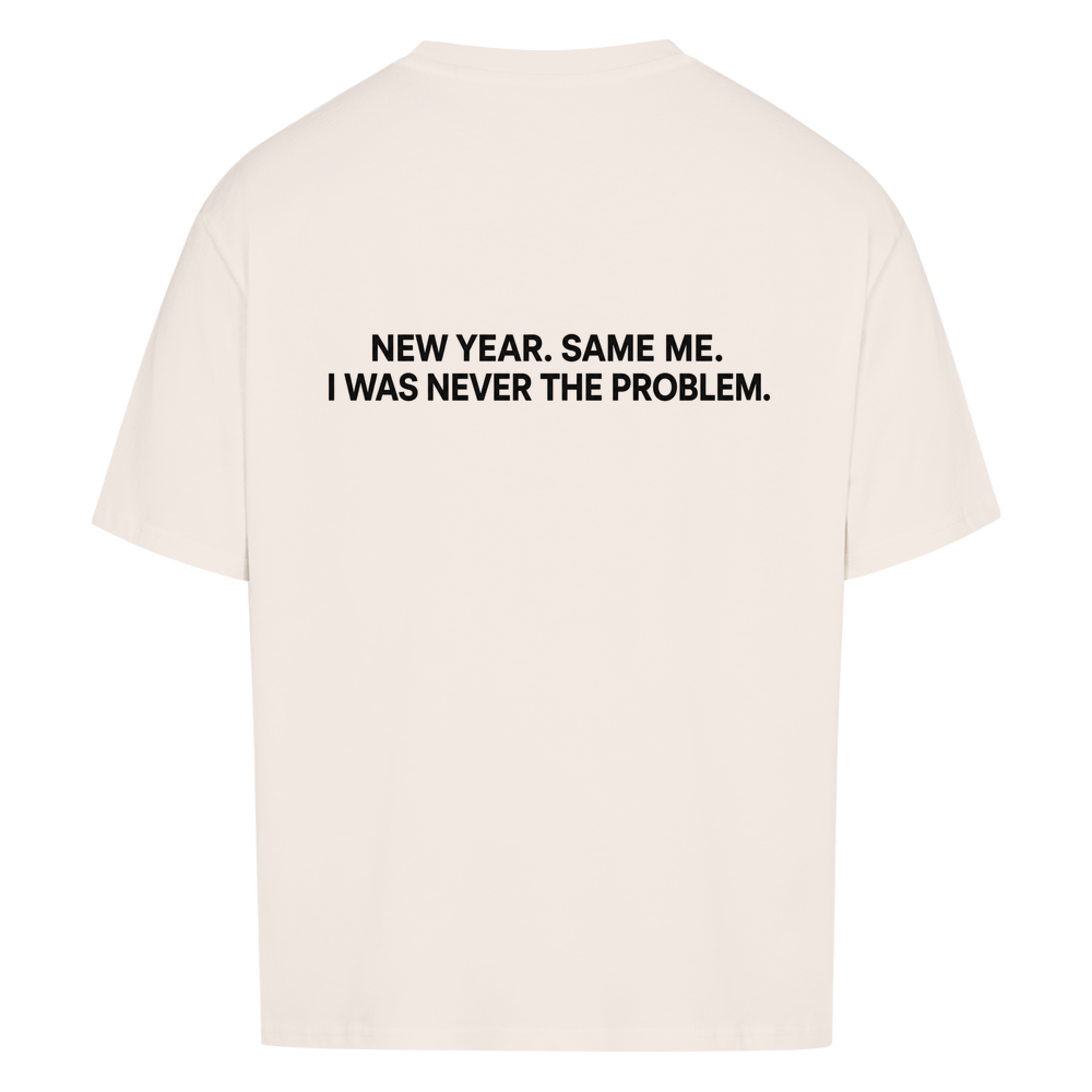 NEVER THE PROBLEM — Oversized Tee in Natural Raw, Rückenprint