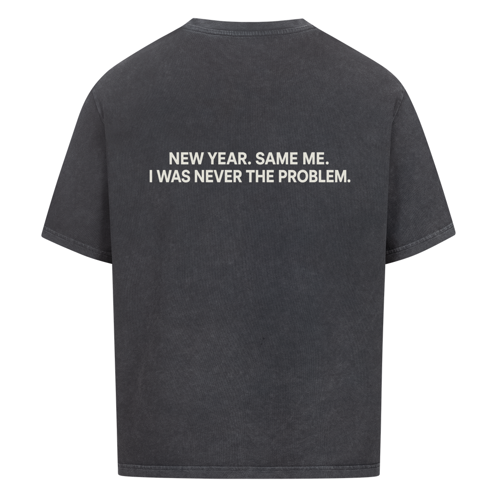 NEVER THE PROBLEM — Oversized Tee in Washed Black, Rückenprint