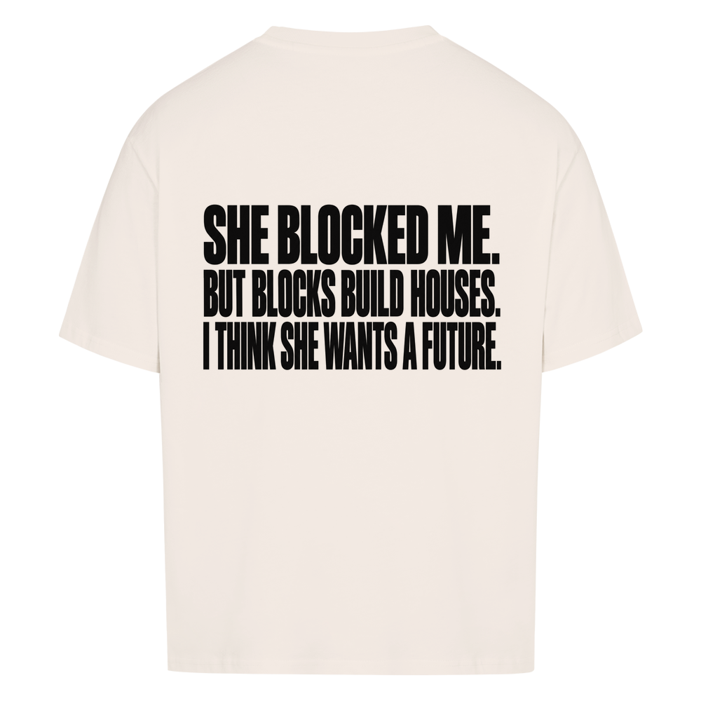BLOCKS BUILD HOUSES — Oversized Tee in Natural Raw, Rückenprint