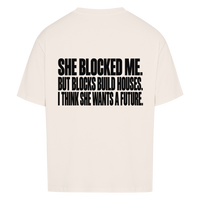 BLOCKS BUILD HOUSES — Oversized Tee in Natural Raw, Rückenprint