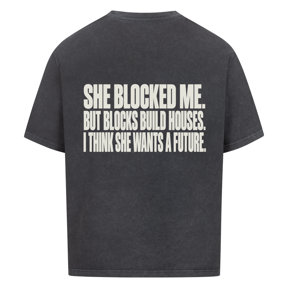 BLOCKS BUILD HOUSES — Oversized Tee in Washed Black, Rückenprint