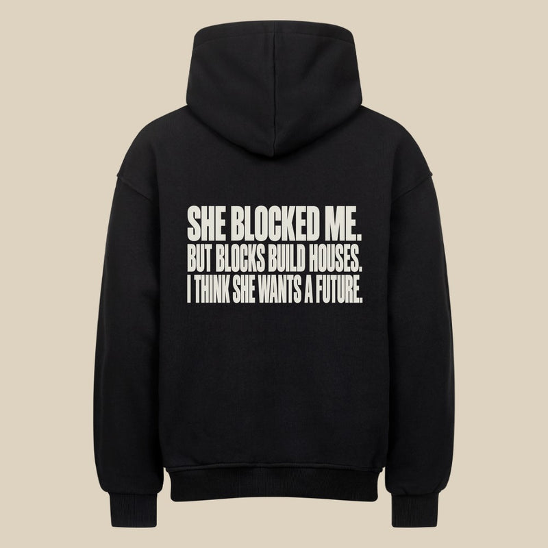 BLOCKS BUILD HOUSES — Oversized Hoodie in Black, Rückenprint