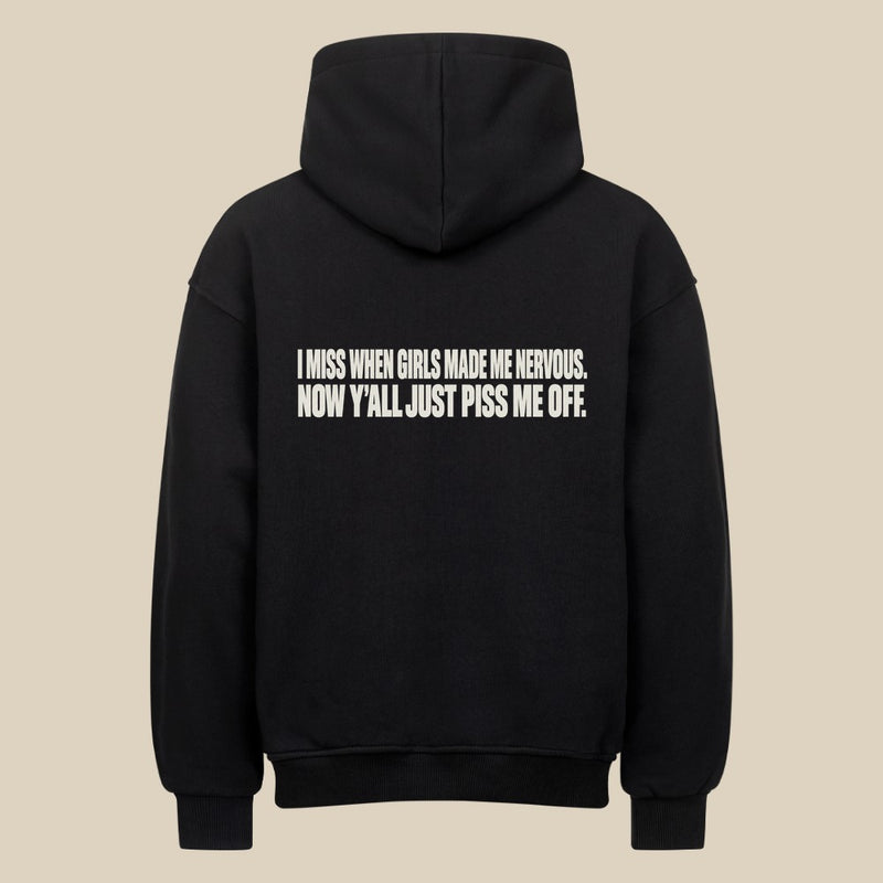 MADE ME NERVOUS — Oversized Hoodie in Black, Rückenprint