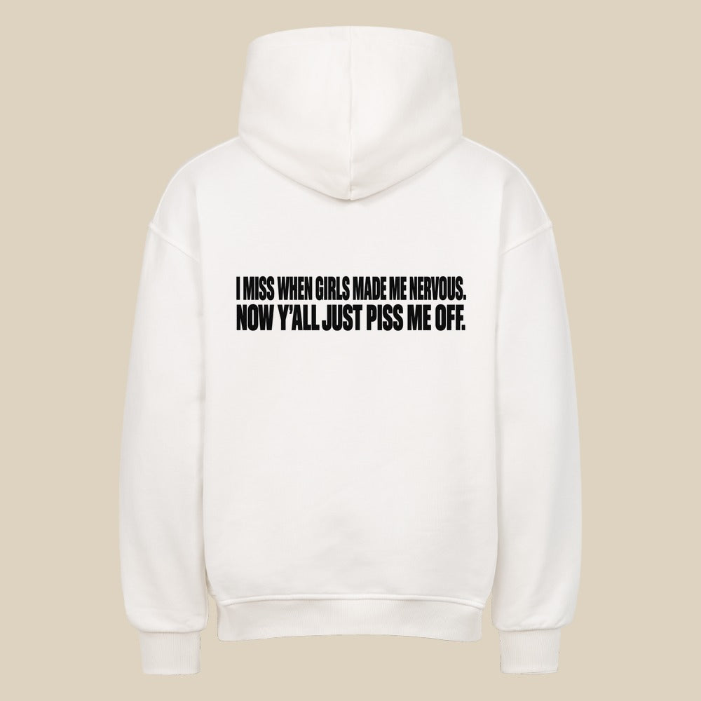 MADE ME NERVOUS — Oversized Hoodie in White, Rückenprint