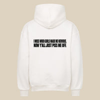 MADE ME NERVOUS — Oversized Hoodie in White, Rückenprint