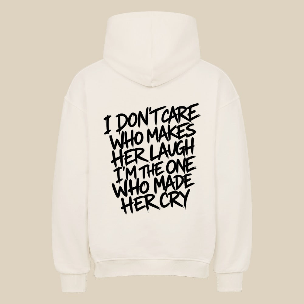 I DON'T CARE — Oversized Hoodie in Natural Raw, Rückenprint