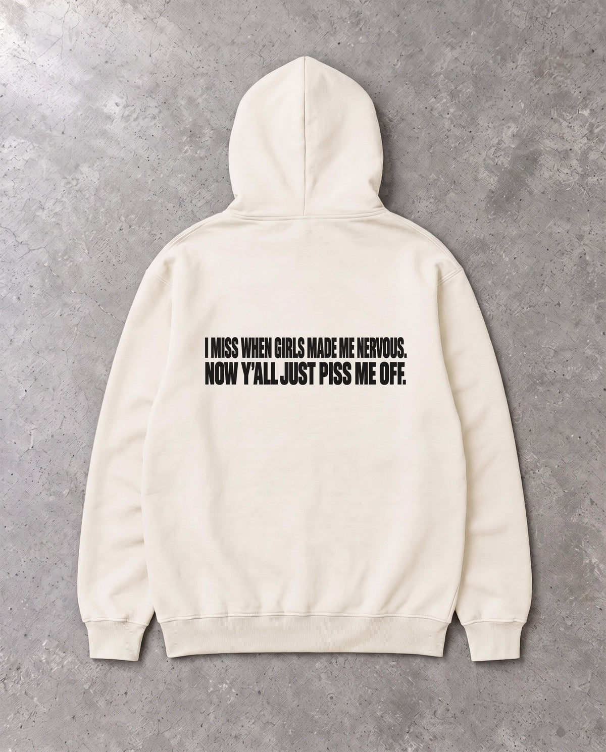 MADE ME NERVOUS — Oversized Hoodie in Natural Raw, Rückenprint, Flat-Lay
