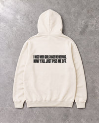 MADE ME NERVOUS — Oversized Hoodie in Natural Raw, Rückenprint, Flat-Lay