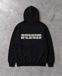 MADE ME NERVOUS — Oversized Hoodie in Black, Rückenprint, Flat-Lay