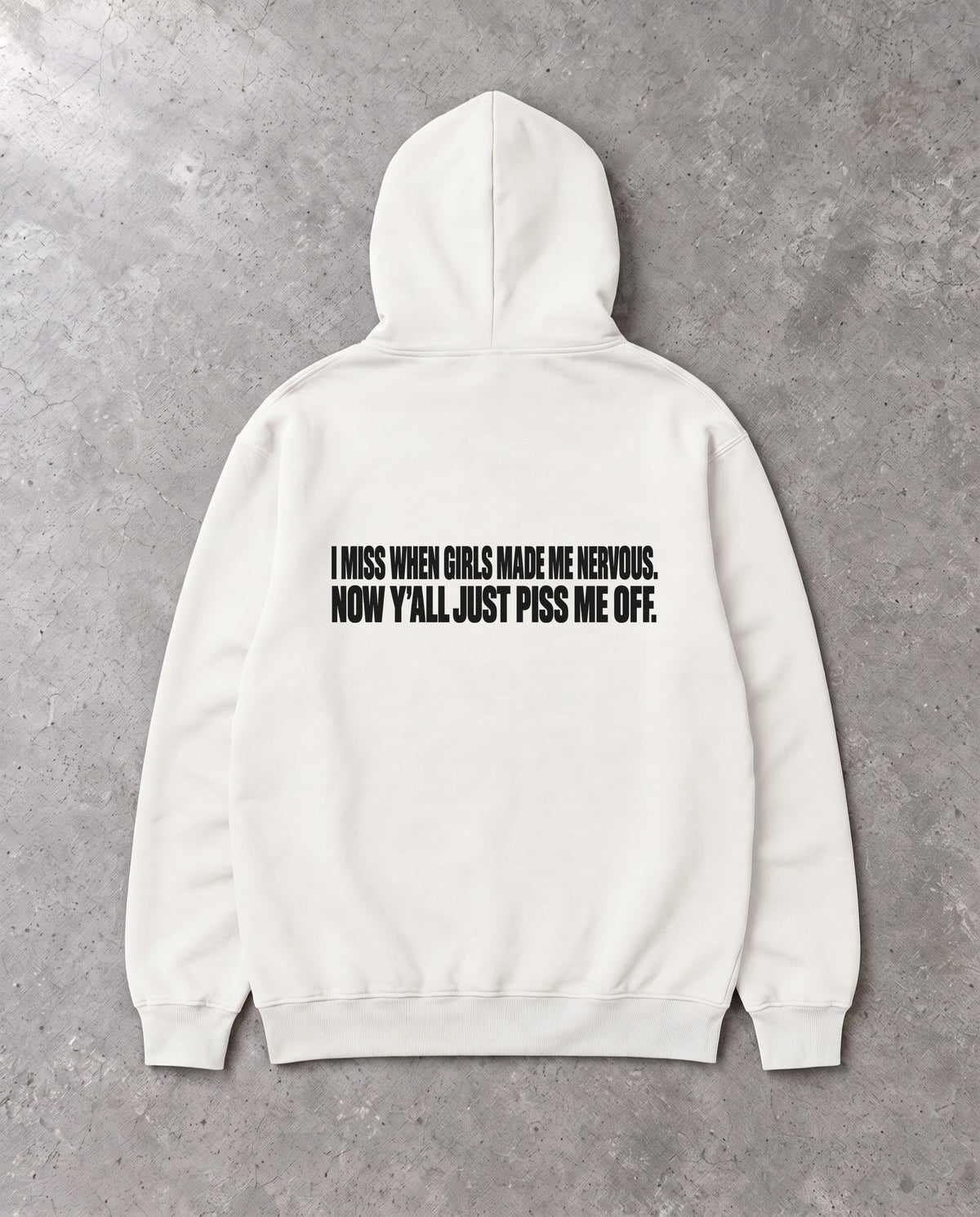 MADE ME NERVOUS — Oversized Hoodie in White, Rückenprint, Flat-Lay