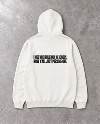 MADE ME NERVOUS — Oversized Hoodie in White, Rückenprint, Flat-Lay