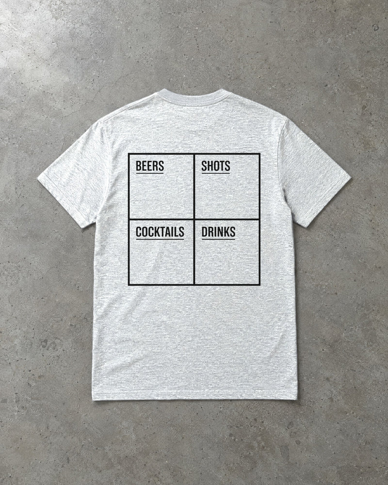 DRINKS COUNTER — Regular Tee in Heather Grey, Rückenprint, Flat-Lay