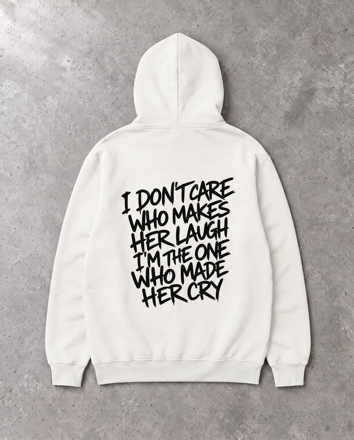 I DON'T CARE — Oversized Hoodie in White, Rückenprint, Flat-Lay