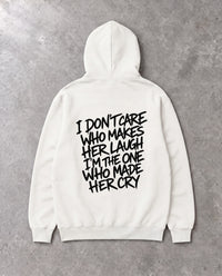 I DON'T CARE — Oversized Hoodie in White, Rückenprint, Flat-Lay