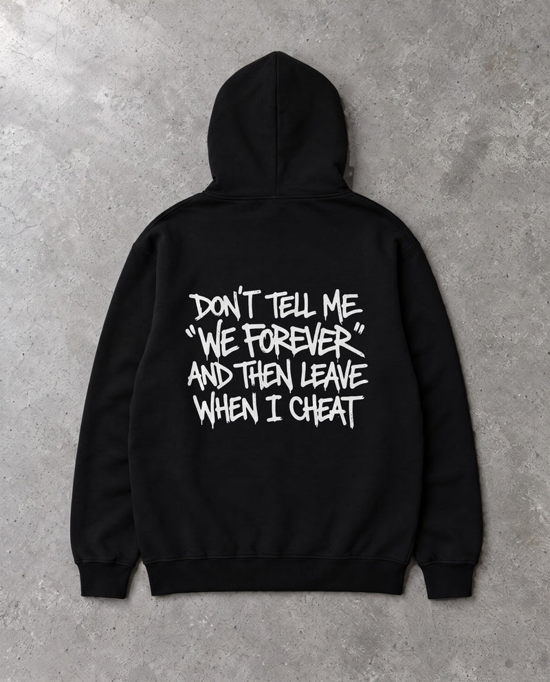 DON'T TELL ME — Oversized Hoodie in Black, Rückenprint, Flat-Lay